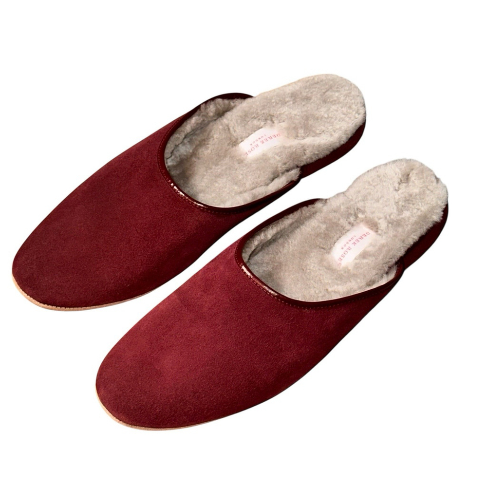 Derek Rose Mens Douglas Mule Slippers - Size 10 - Bordeaux Burgundy Sheepskin - Picture 2 of 8